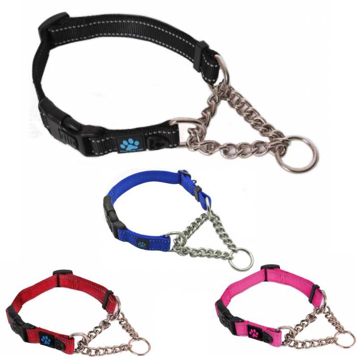 Reflective Nylon Martingale Dog Collar with Chain